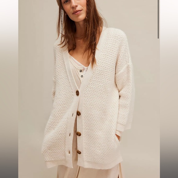 New! FREE PEOPLE Herringbone Stitch Cardigan in Ivory White size M - Picture 1 of 7